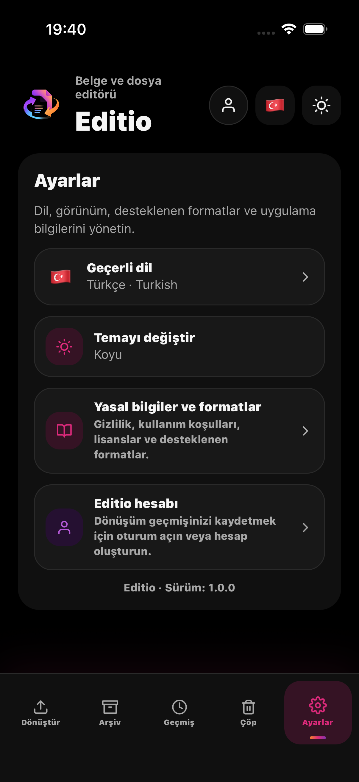 Editio'nun iPhone üzerindeki ayarlar ekranı